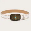 Retro women wide belt white PU leather gold studs turquoise ornate buckle accessory - White (Gold Rivets)