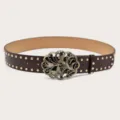 Y2K Punk Wide Belt Dark Brown Leather Rivet Butterfly Rhinestone Buckle Fashion Accessory - Coffee (Green Rhinestone Butterfly Buckle) Gold Rivets