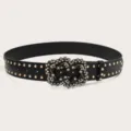 Black punk wide belt with gold studs and rhinestone vintage buckle, stylish denim jeans accessory. - Black (Gold Rivets)