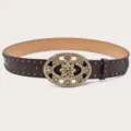 Women retro dark brown leather belt with rhinestone floral oval buckle and metal studs var. - Coffee (Black Rivets)