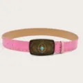 Pink Women Vintage Style Wide Belt Studded Leather Belt with Ornate Turquoise Buckle - Pink (Gold Rivets)