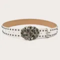 White rivet punk wide belt with vintage butterfly rhinestone buckle and metal studs variant. - White (Green Rhinestone Butterfly Buckle) Black Rivets