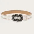 White punk style women leather belt with gold studs and vintage rhinestone ornate buckle variant. - White (Gold Rivets)