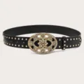 Women's vintage black belt with ornate floral rhinestone oval buckle and gold metal studs fashion - Black (Gold Rivets)