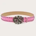 Pink Y2K punk studded wide belt with vintage butterfly buckle and green rhinestone details. - Pink (Green Rhinestone Butterfly Buckle) Black Rivets