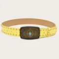 Vintage yellow wide belt with ornate metal buckle and rivets, stylish accessory for dresses. - Yellow (Gold Rivets)