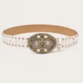 Women vintage white rhinestone flower buckle belt, retro studded decorative waist belt. - White (Gold Rivets)