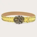 Yellow Y2K punk style wide leather belt with vintage butterfly metal buckle and studs. - Yellow (Green Rhinestone Butterfly Buckle) Black Rivets
