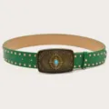 Green wide belt with gold studs and vintage turquoise ornate buckle for stylish casual outfits - Green (Gold Rivets)