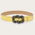 Yellow studded wide leather belt with vintage rhinestone buckle for women jeans stylish. - Yellow (Gold Rivets)