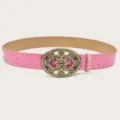 Women pink leather belt with retro rhinestone floral oval buckle and chic metal studs. - Pink (Gold Rivets)