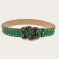 Green studded wide leather belt with sparkling rhinestone decorative buckle for fashion women jeans - Green (Gold Rivets)