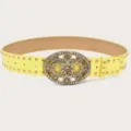 Women vintage yellow rhinestone flower studded belt fashion waist accessory chic statement piece - Yellow (Gold Rivets)
