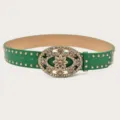 Green rhinestone flower buckle belt with golden studs, retro women waist accessory variant. - Green (Gold Rivets)