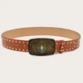 Vintage western style brown leather belt with metal studs and turquoise stone buckle - Camel (Gold Rivets)