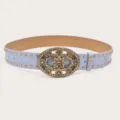 Light blue women fashion belt with retro rhinestone flower oval buckle and gold studs variant - Light Blue (Gold Rivets)