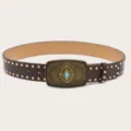 Retro women's wide leather belt with ornate gold buckle and blue stone, chic accessory. - Coffee (Gold Rivets)