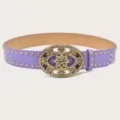 Women vintage purple PU leather belt with ornate rhinestone floral buckle and metal studs. - Purple (Gold Rivets)