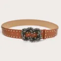 Stylish brown studded leather belt with sparkling rhinestone ornate buckle for women jeans. - Camel (Gold Rivets)
