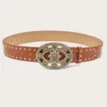 Women vintage brown rhinestone flower belt, studded leather waist belt for jeans dresses. - Camel (Gold Rivets)