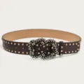 Dark brown rhinestone studded belt with vintage crystal buckle for women stylish jeans - Coffee (Gold Rivets)