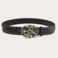 Y2K Punk Black Leather Belt Featuring Butterfly Rhinestone Buckle and Metal Studs Variant Style - Black (Green Rhinestone Butterfly Buckle) Black Rivets