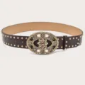 Women's retro brown leather belt with stunning rhinestone floral buckle and metal stud accents. - Coffee (Gold Rivets)
