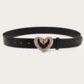 Womens black leather belt featuring a sparkling pink rhinestone twin snake heart buckle. - Black