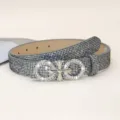 Women rhinestone embellished casual belt sparkling waist accessory with metal double ring buckle - Cross Buckle / Silver