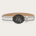 Y2K Retro Studded Belt, White PU Leather Waistband with Vintage Silver Horse Head Buckle - White