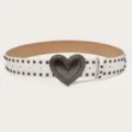 White PU leather belt featuring a vintage metal heart buckle and black studs variant. - 105cm / White