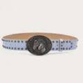 Retro light blue studded belt with vintage horse head metal buckle for women denim - Light Blue