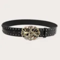 Black leather belt featuring punk metal rivets and vintage butterfly rhinestone buckle. - Black (Black Rivets)