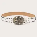 White leather belt with metal studs and vintage butterfly rhinestone buckle for women. - White (Black Rivets)