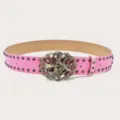 Pink studded punk belt with vintage butterfly rhinestone buckle for women casual daily wear - Pink (Black Rivets)