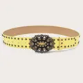 Yellow vintage rhinestone carved leather belt, bohemian waist accessory for women fashion. - Yellow