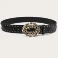 Women vintage black leather belt with rhinestone ornate buckle and metal studs variant. - Black With Rivets / Black