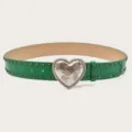 Detailed view of the green punk rivet leather belt with a carved heart metal buckle. - Length 105cm Width 3.8cm / Green