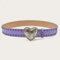 Purple leather belt featuring a large silver heart buckle and studded details for women. - Length 105cm Width 3.8cm / Purple