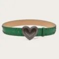 Trendy green PU leather belt with antique silver heart buckle and metal studs Y2K style - 105cm / Green