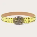 Yellow leather belt with vintage butterfly buckle and metal studs variant for casual pants. - Yellow (Black Rivets)
