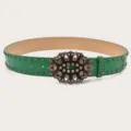 Vintage green leather belt with ornate rhinestone floral buckle and metal studs for women - Green