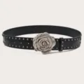 Punk retro roos klinknagel lederen riem, vintage metalen bloem gesp cool taille accessoire. - Zwart