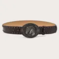 Women Y2K vintage rivet belt brown leather waist strap with western horse buckle accessory - Coffee