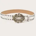 Women's White Rhinestone Vintage Belt Studded PU Leather Waistband Fashion Accessory - Black With Rivets / White