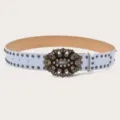 Light Blue Vintage Studded Belt with Ornate Flower Metal Rhinestone Buckle - Light Blue