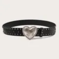 Black leather belt with silver heart buckle and metal studs punk style women accessory. - Length 105cm Width 3.8cm / Black
