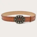 Vintage Rhinestone Metal Buckle Studded Leather Belt Women Boho Fashion Waistband - Camel