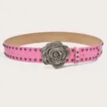 Roze lederen riem met vintage zilveren roos gesp en metalen klinknagels punk accessoire - Roze