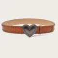 Brown PU leather belt with vintage metal heart buckle and rivets for women trendy fashion. - 105cm / Camel